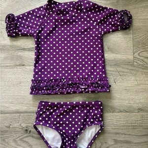 Ruffle Butts Purple and White Rashguard Swim Set with Polka Dots